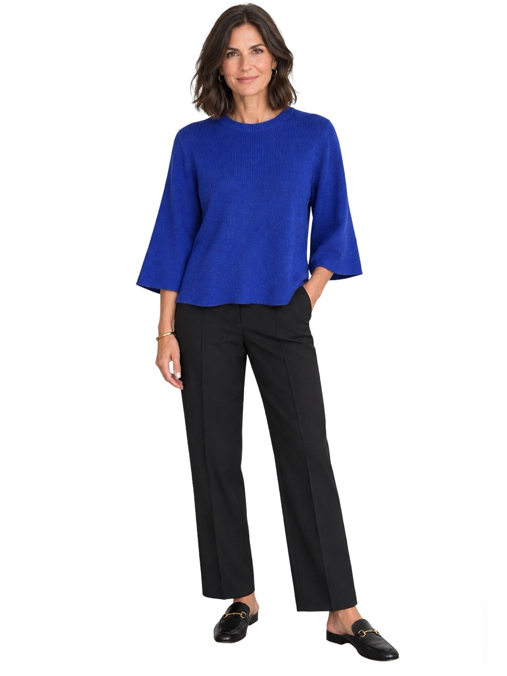 Eileen Fisher Merino Wool Sweater Size Small Cobalt Blue Relaxed Wide 3/4 Sleeve